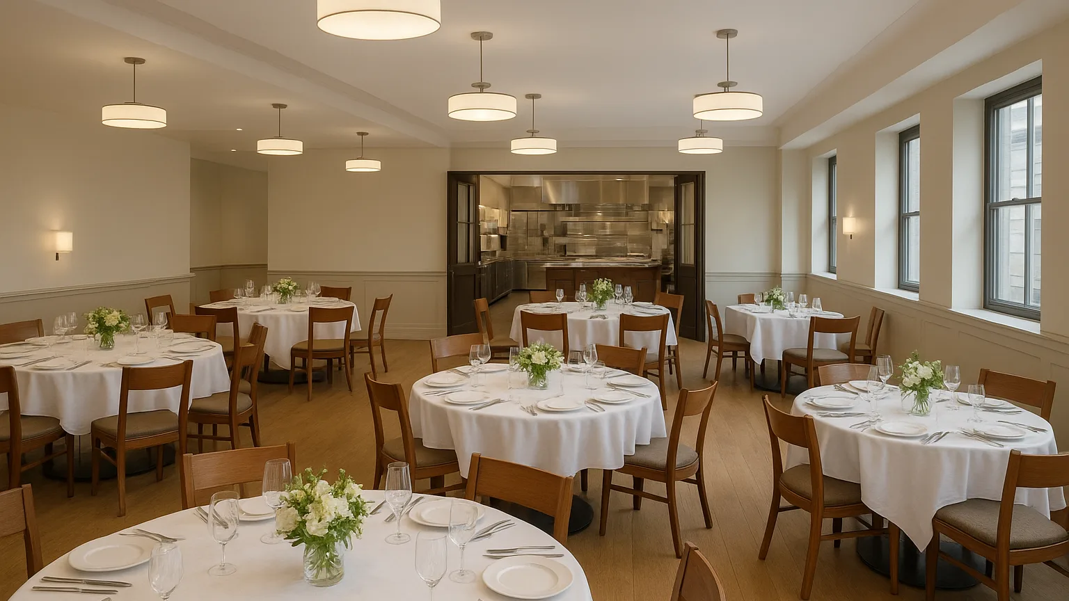 Empty event space with tables set for dinner service, overhead lighting on, kitchen visible through open doors, no staff or guests present.