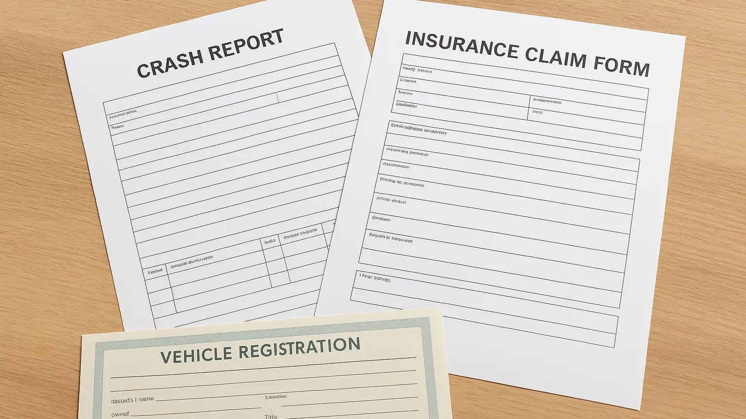 A crash report document and insurance claim form spread on a desk beside a vehicle registration and title paperwork, overhead view.