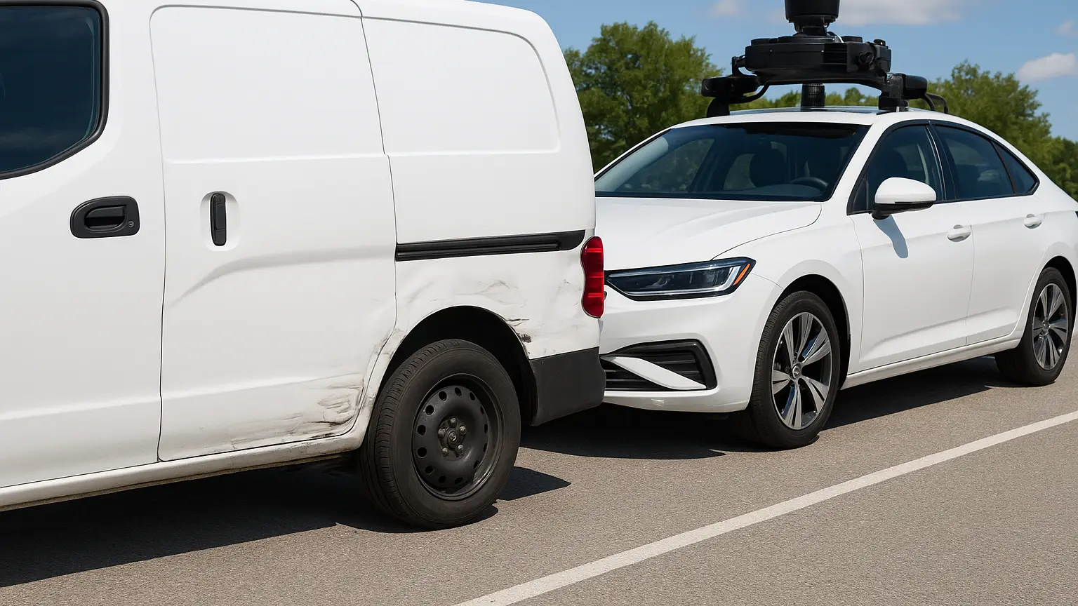 Commercial fleet service van with visible damage to rear quarter panel, parked beside autonomous vehicle with sensor array visible on roof.