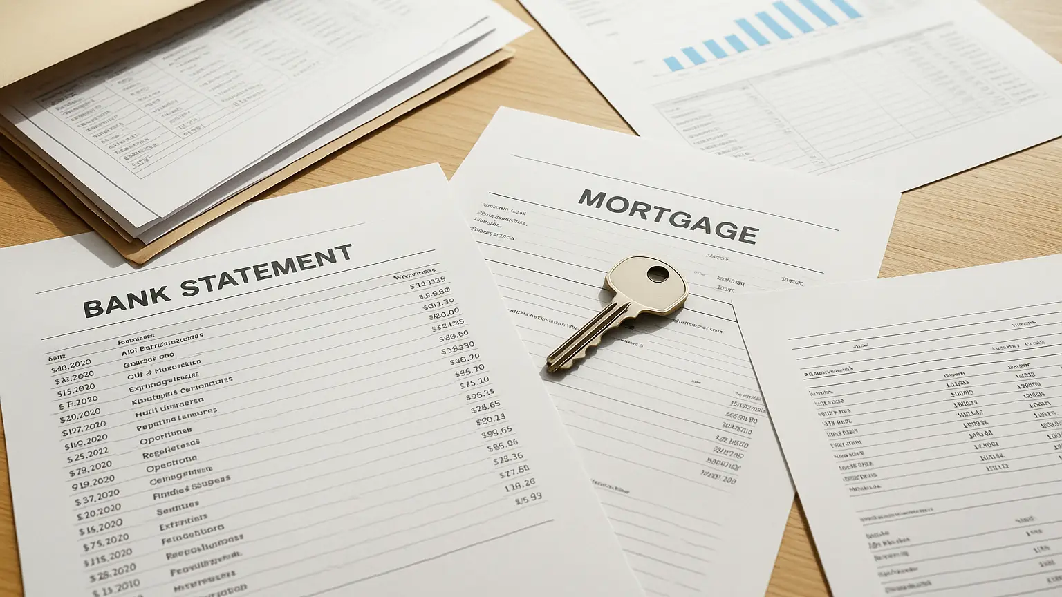 Open folder with bank statements, mortgage documents, and financial papers spread across a desk beside a new house key.