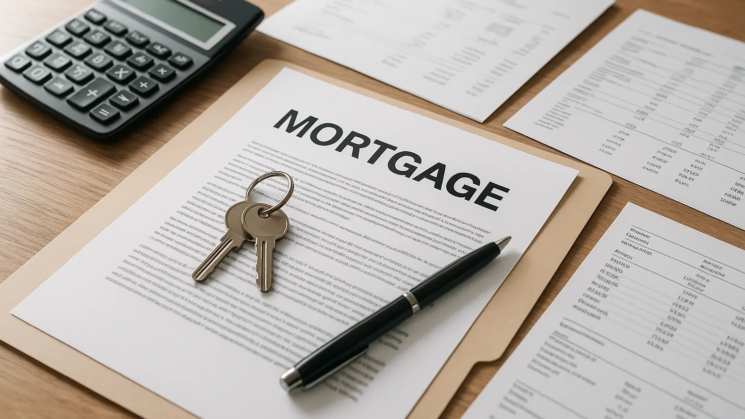 A desk with mortgage documents, keys, a calculator, bank statements, and a pen arranged on an open folder during daytime.