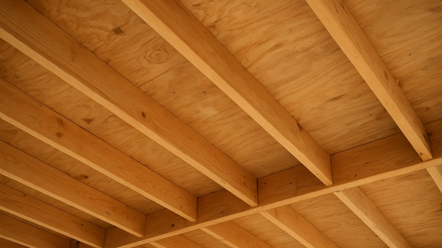 Close-up of wooden rafter framing and plywood decking from below, showing spacing, thickness, and structural condition before metal roof installation.