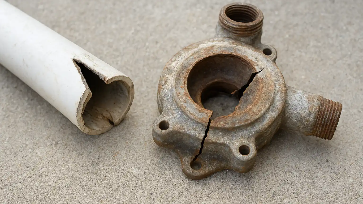 Split PVC pipe and cracked pump housing displayed side-by-side on concrete, showing freeze damage cross-section and interior rupture.