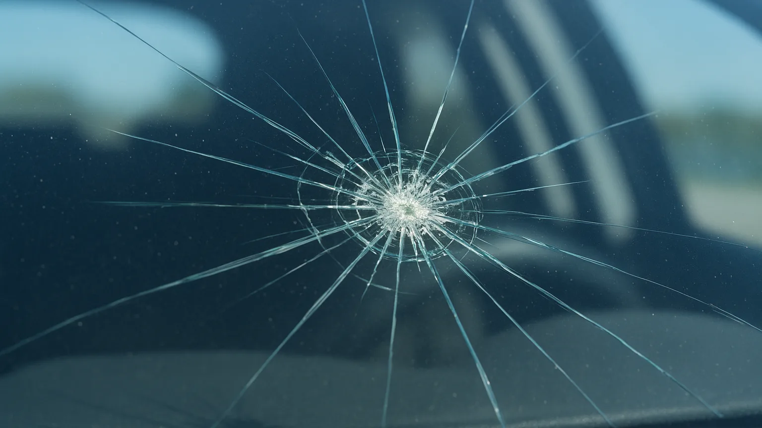 Close-up of a windshield star break with multiple radiating cracks extending outward from central impact point, viewed from outside the vehicle.