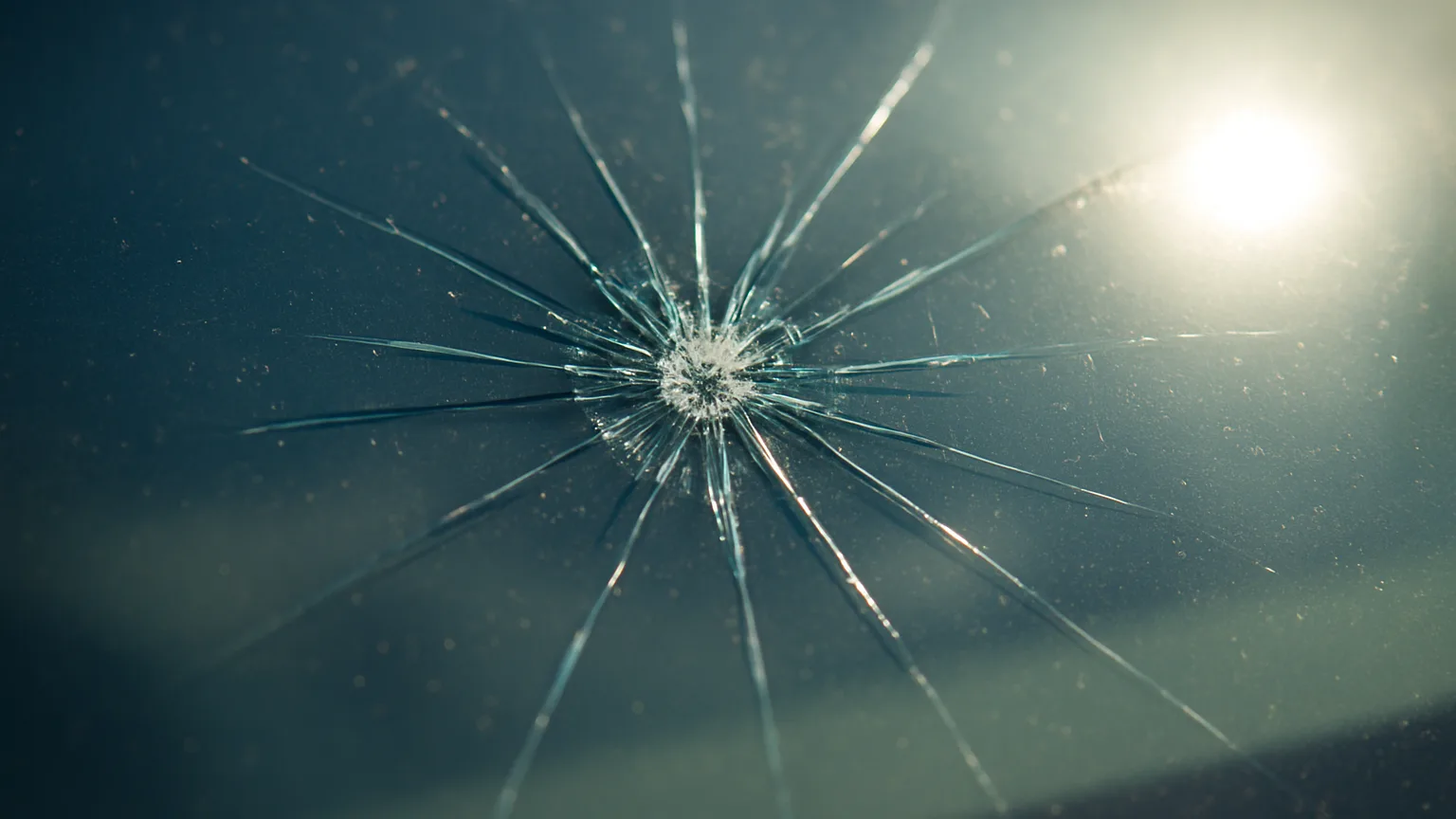 Close-up of a windshield chip with visible crack lines radiating outward, sunlight reflecting off the damaged glass surface.