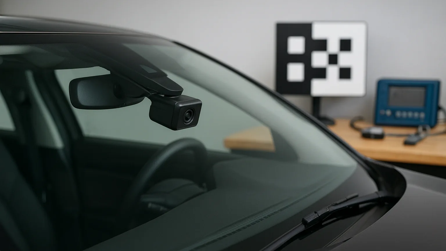 Close-up of a vehicle's windshield with forward-facing camera mounted near the rearview mirror, alongside calibration equipment and diagnostic tools on a workbench.