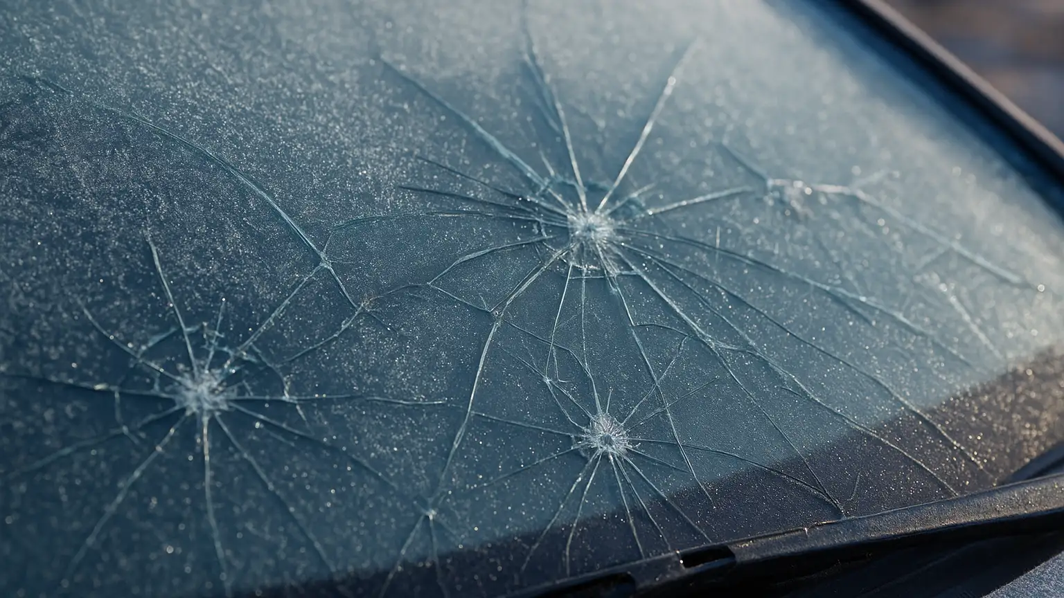 Close-up of a windshield with multiple small chips and stress cracks radiating from impact points, frost visible on the glass surface during early morning cold.