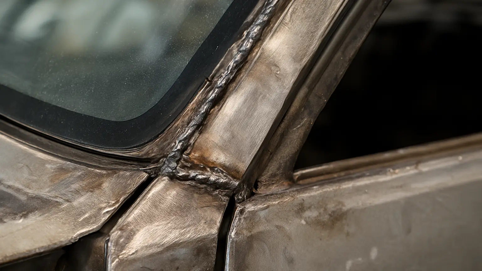 A-pillar sectioned and welded near a windshield opening, metal exposed, urethane bond line visible along the glass perimeter, welding marks on adjacent metal.
