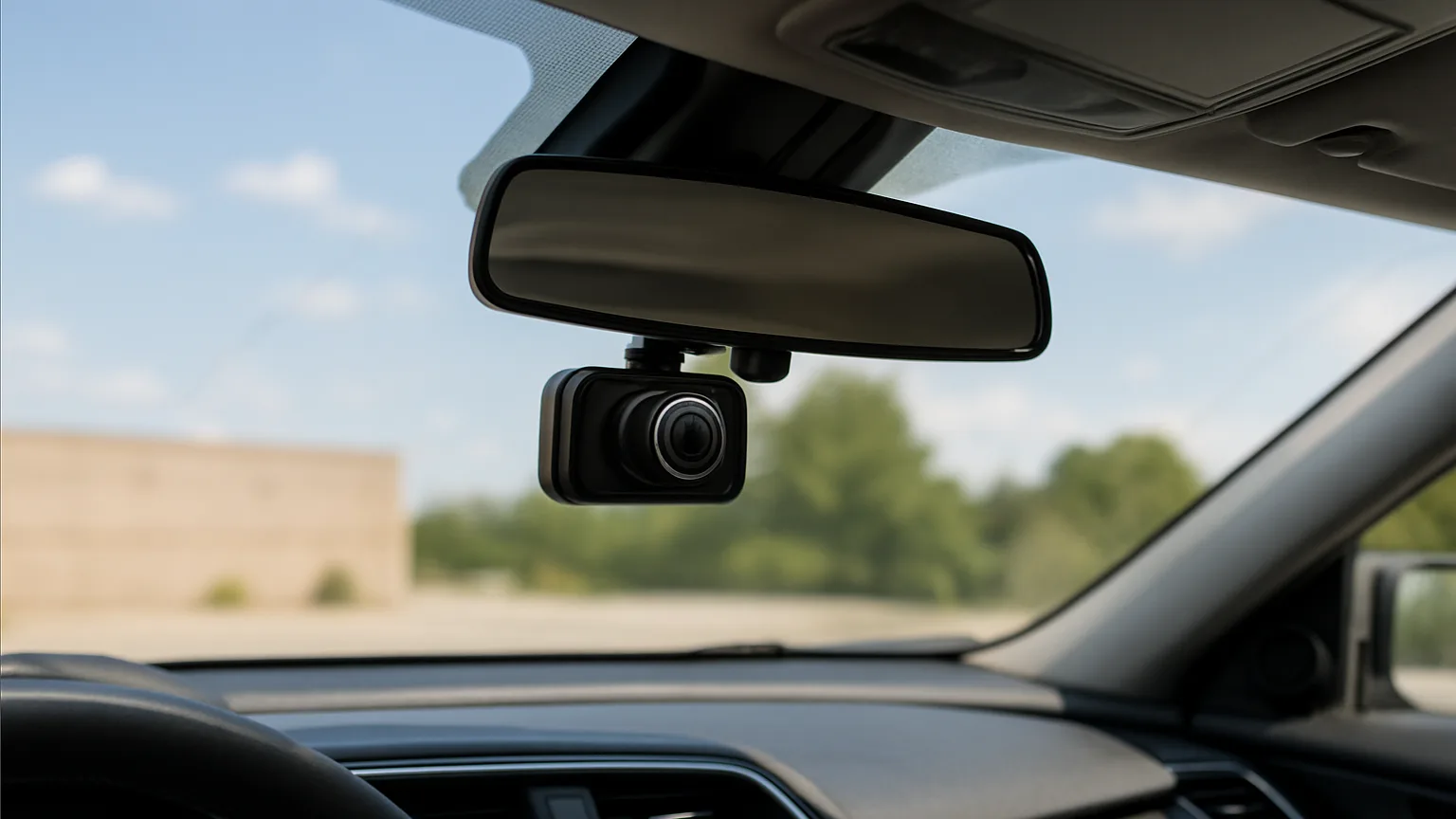 Vehicle interior dashboard view showing camera lens mounted behind rearview mirror, with misaligned windshield frame visible through glass.