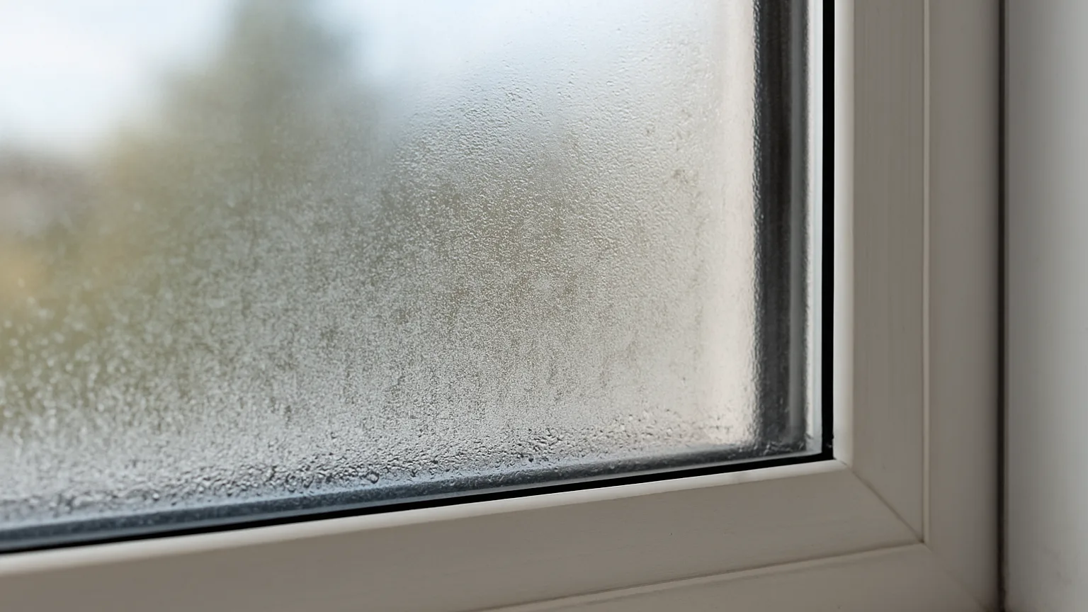 Close-up of a dual-pane window showing visible haze trapped between the glass sheets, with clear glass visible on the outer pane and cloudy interior gap, demonstrating failed seal condensation.