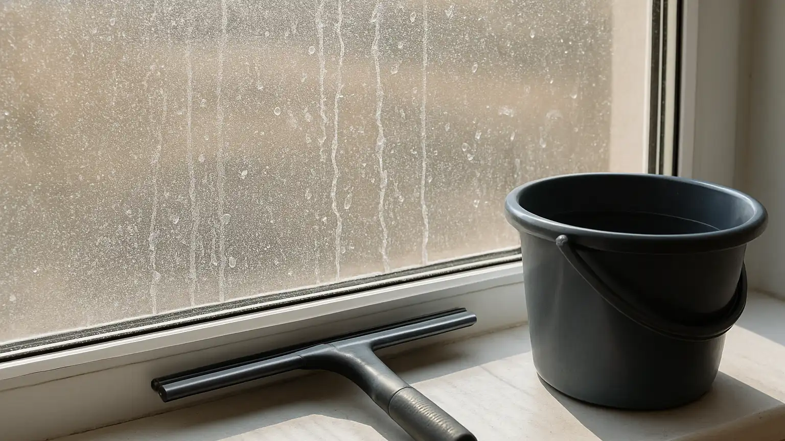 Close-up of a desert window pane showing fine quartz dust particles, water spots, and hard-water calcium buildup on glass, with a squeegee and bucket of water nearby on the sill.