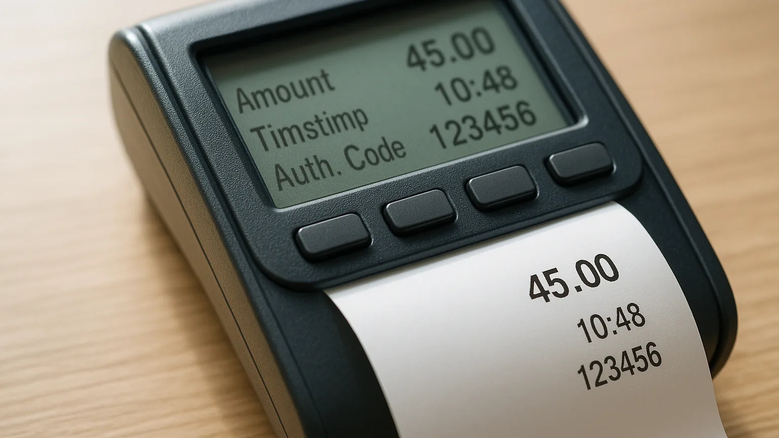 Close-up of a payment terminal screen displaying transaction details—amount, timestamp, authorization code—with a receipt printing below it.