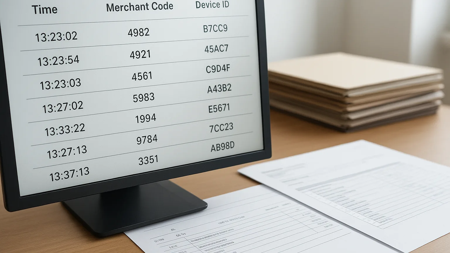 Close-up of a computer screen displaying transaction records with timestamps, merchant codes, and device IDs alongside printed payment documentation and file folders stacked on a desk.