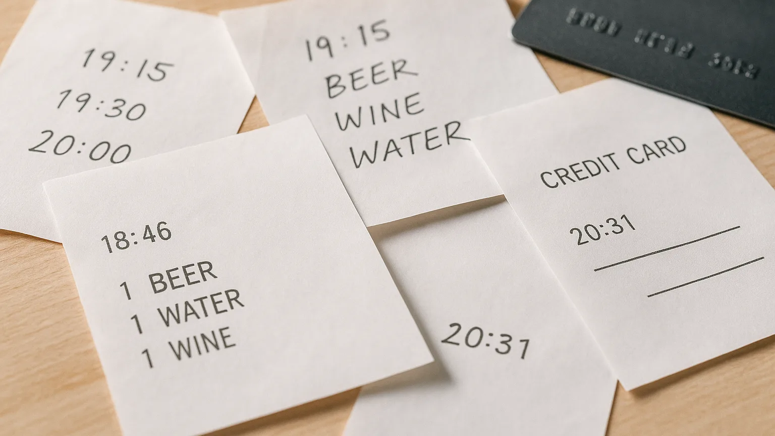 Close-up of bar receipts, credit card slips, and handwritten notes scattered on a surface, with a timestamp visible, documenting drink orders and times.