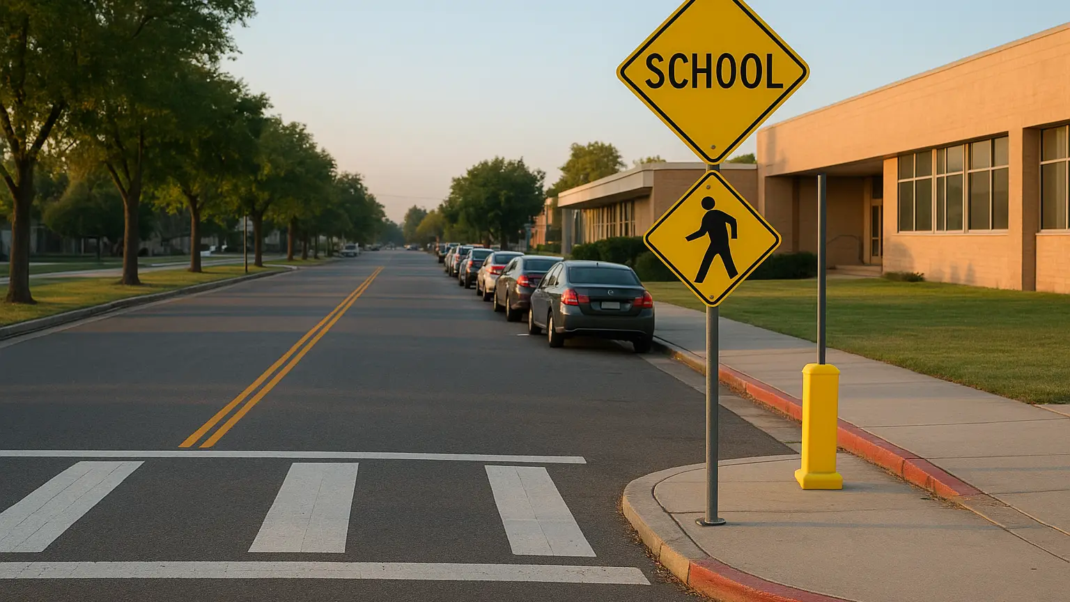 Empty school zone street at dawn with crossing guard post, yellow warning signs, and parked cars lined along curb near school building entrance.