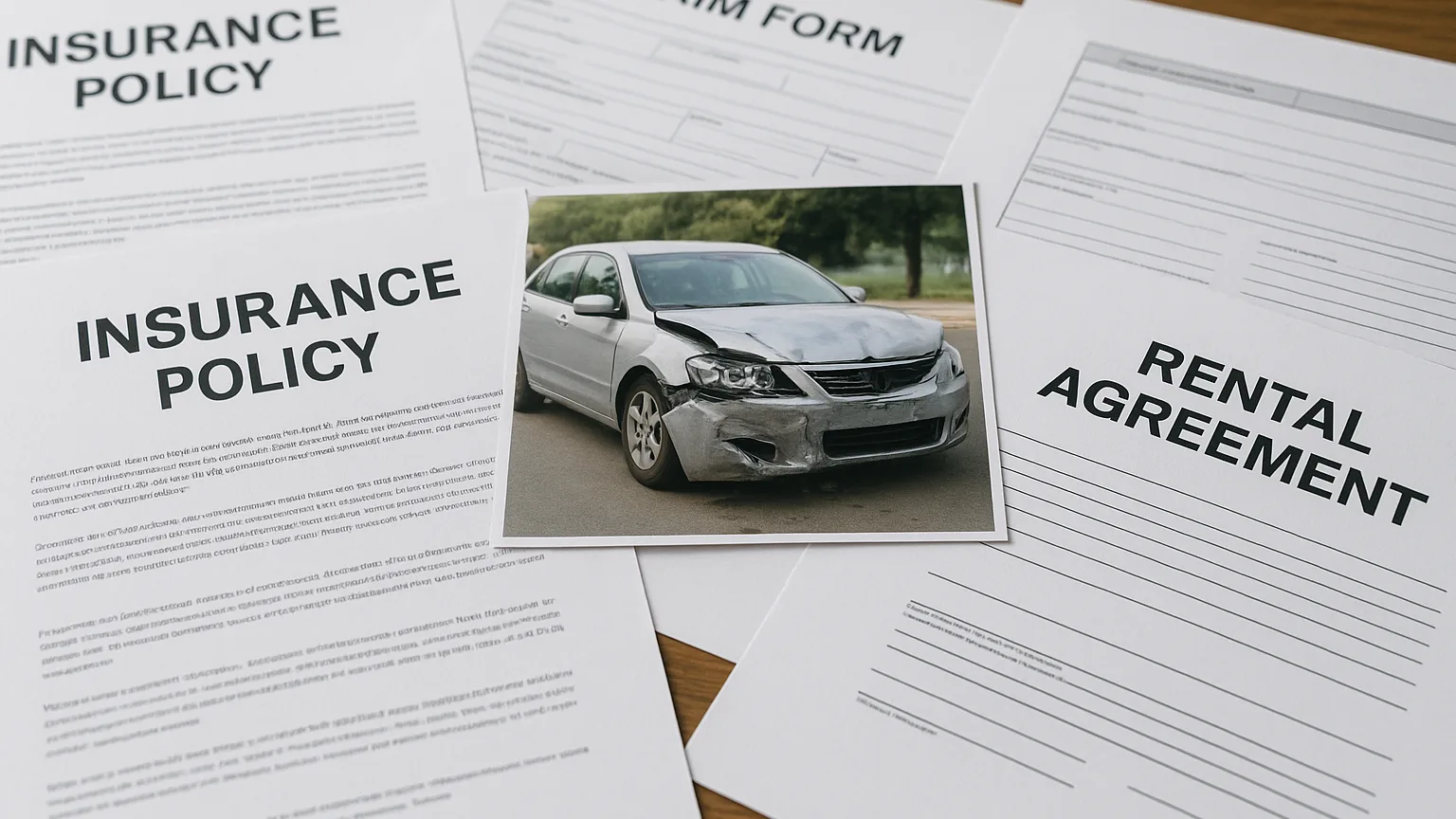 Multiple insurance policy documents and claim forms spread across a desk with a damaged sedan photograph and rental agreement paperwork.