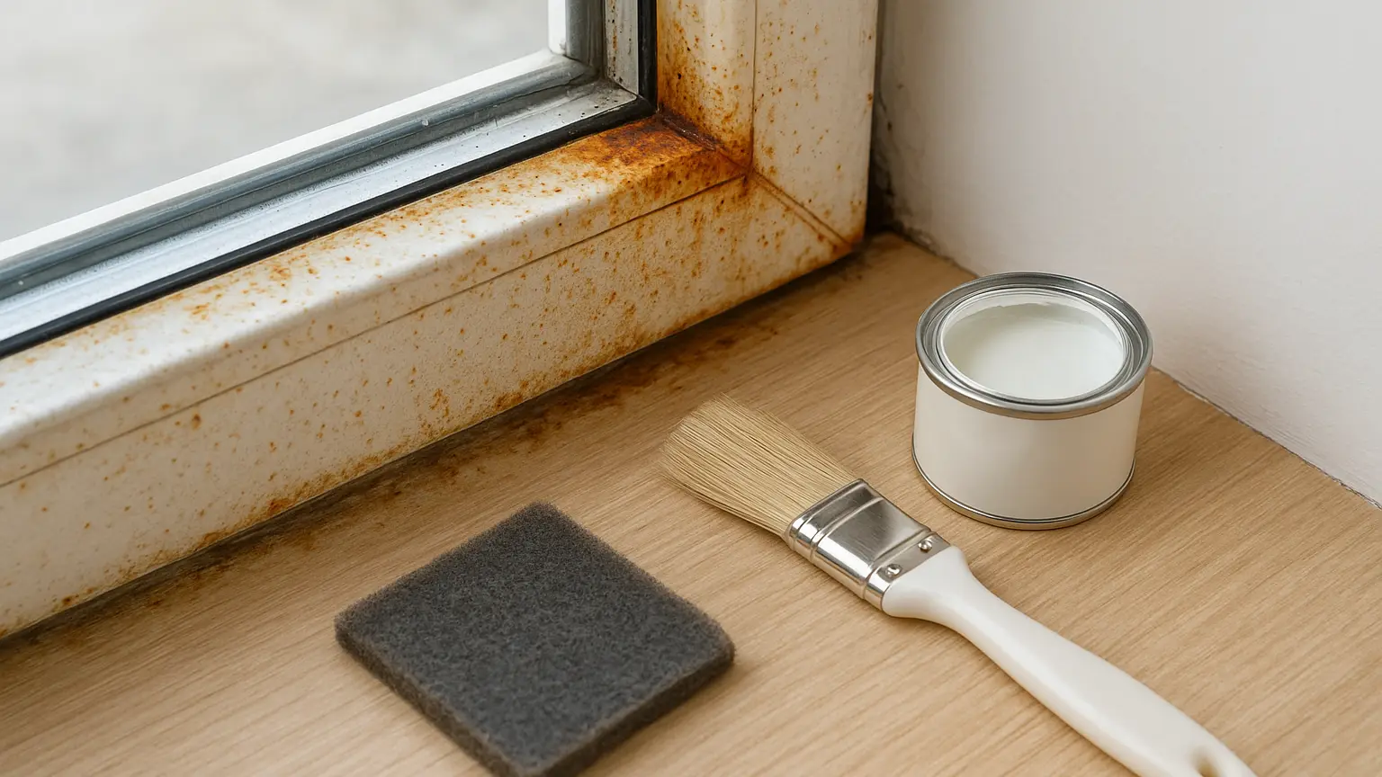 Close-up of metal window frame corner showing orange rust freckling and early corrosion on sill joint, with scuff pad and touch-up paint supplies nearby on work surface.