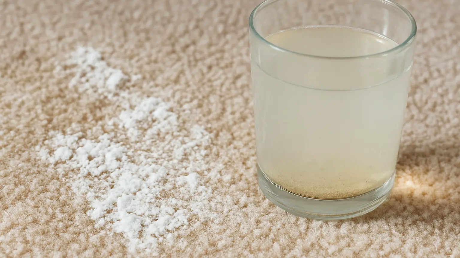 Close-up of mineral deposits and white crusty buildup on carpet fibers next to a glass of tap water with visible sediment and cloudiness.
