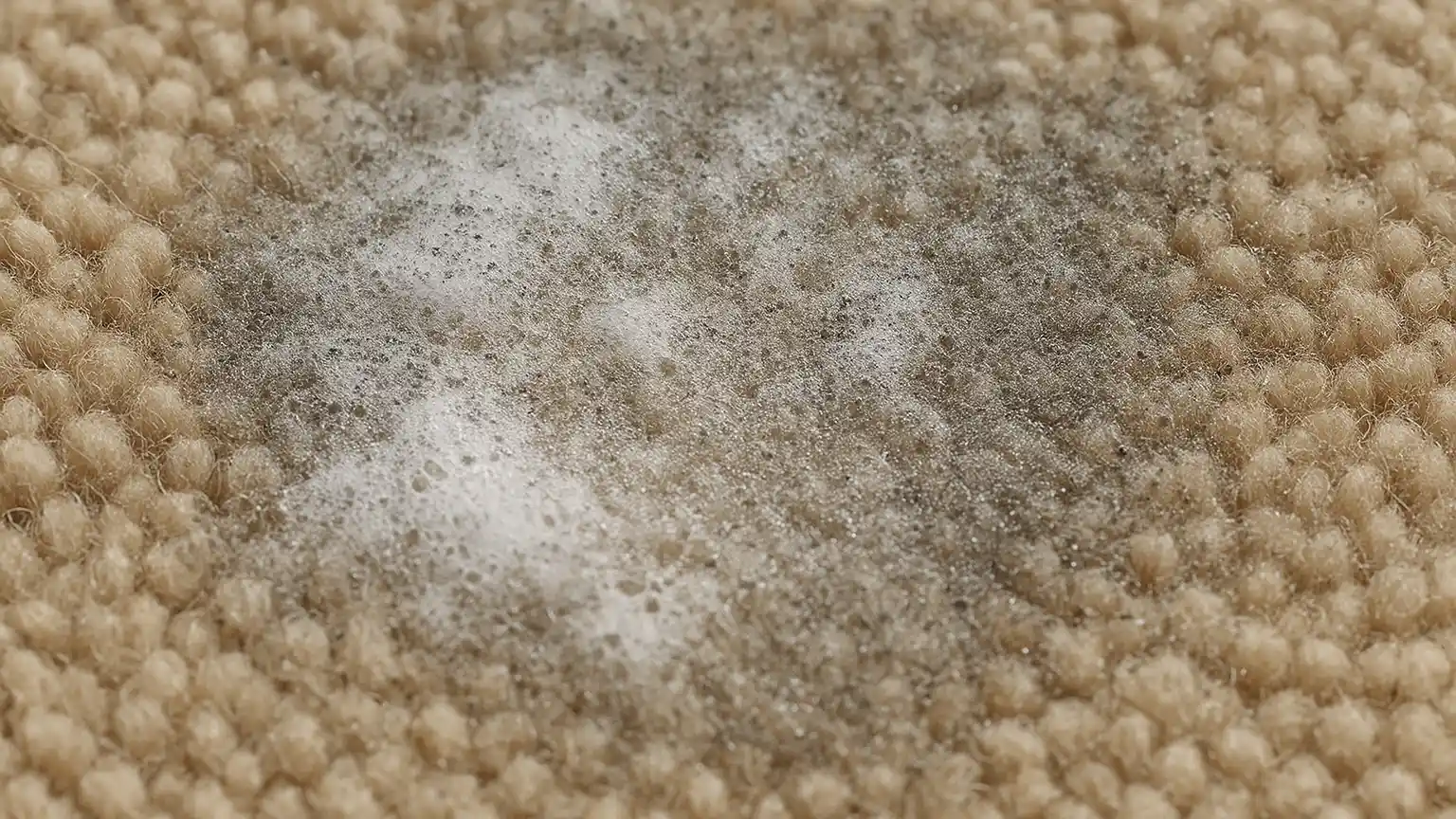 Close-up of carpet fibers with visible soap residue coating, surrounded by fine dust particles clinging to the tacky surface, showing gray discoloration spreading outward.