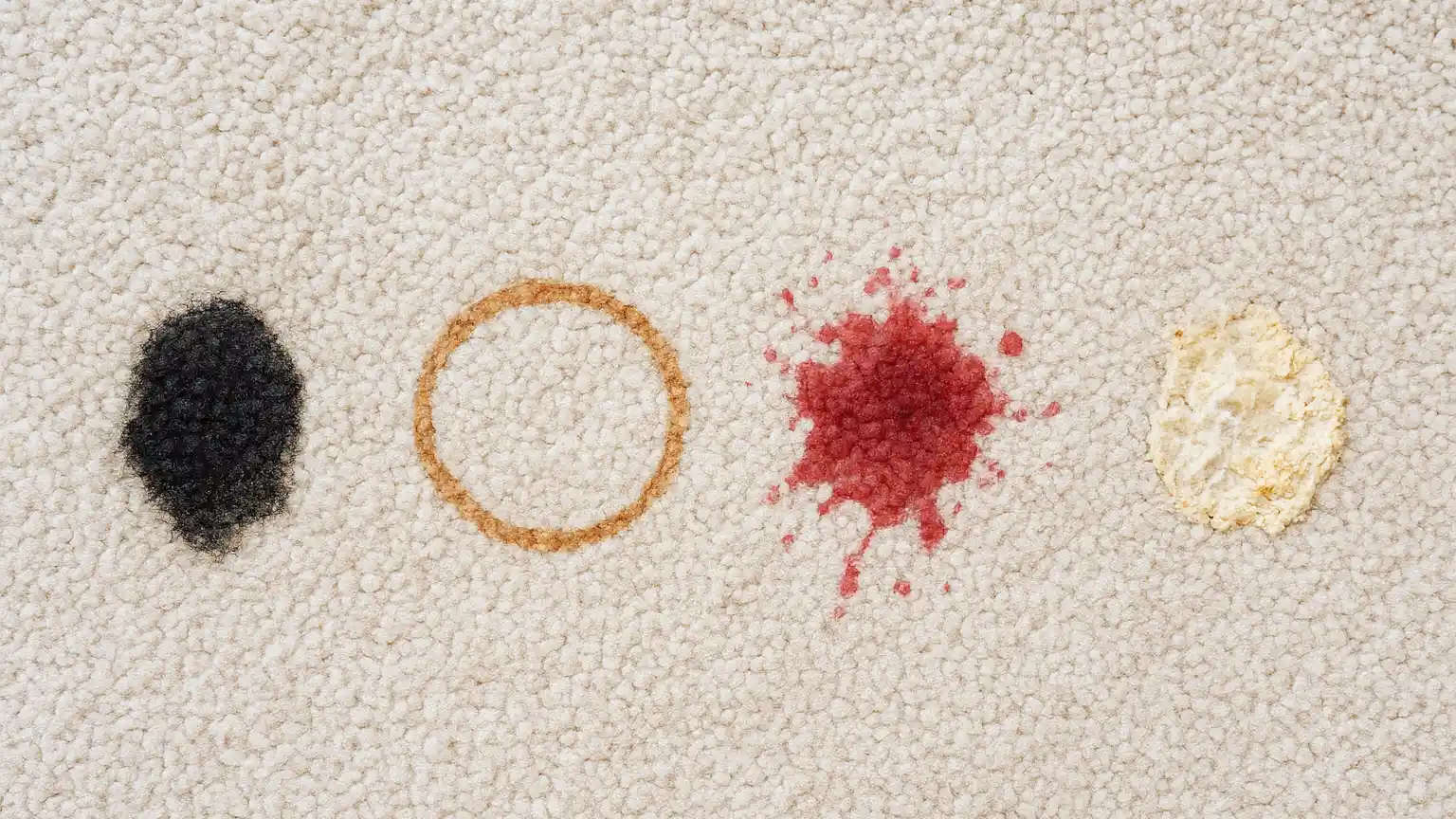 Close-up of carpet with distinct stain types arranged side-by-side: dark pet urine spot, brown coffee ring, red wine splash, and dried egg residue on light fiber.