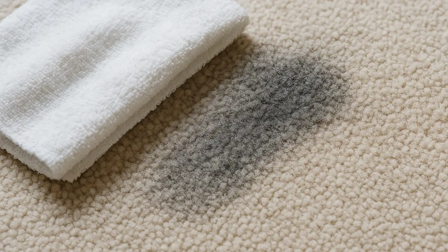 Close-up of white cloth pressed into carpet fibers showing gray residue transfer, demonstrating soap and cleaner buildup left in high-traffic area.