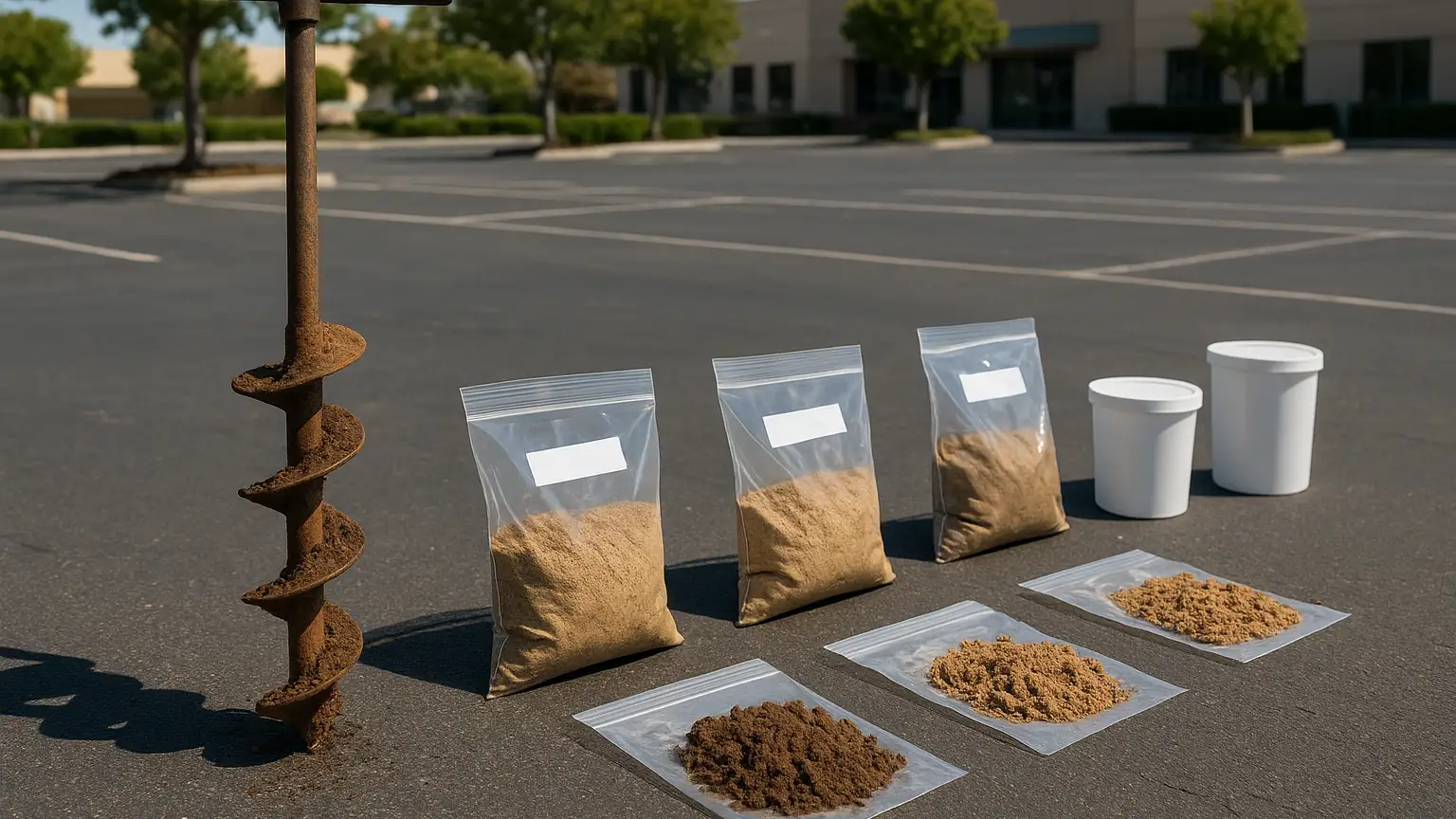 Soil auger and collection containers positioned at multiple points across a commercial parking lot, with extracted soil samples showing distinct color and texture variations in labeled bags.