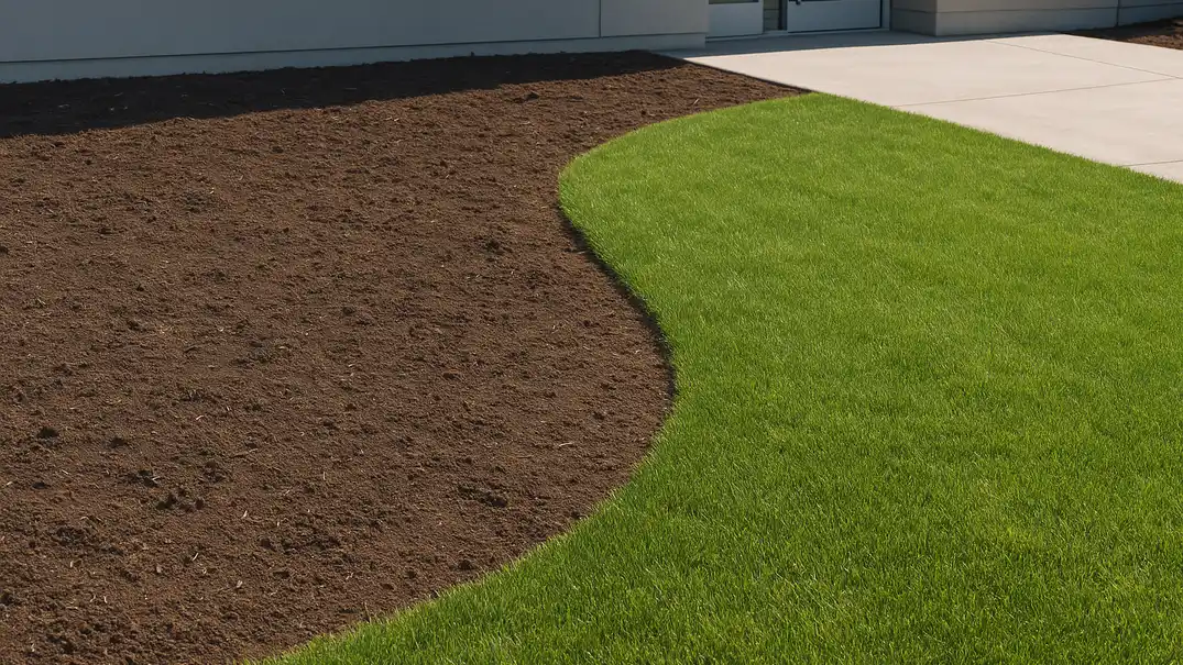 A commercial landscape bed stripped bare of mulch with exposed soil, adjacent turf scalped short, showing the contrast with an unmulched area beside a building entrance.
