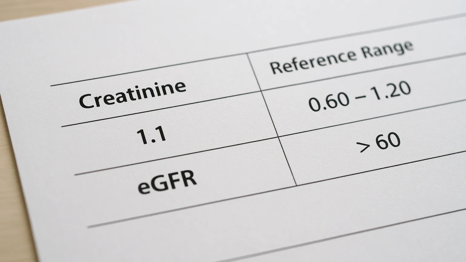 Blood test results printout showing creatinine levels and eGFR values on laboratory report paper with reference ranges visible.