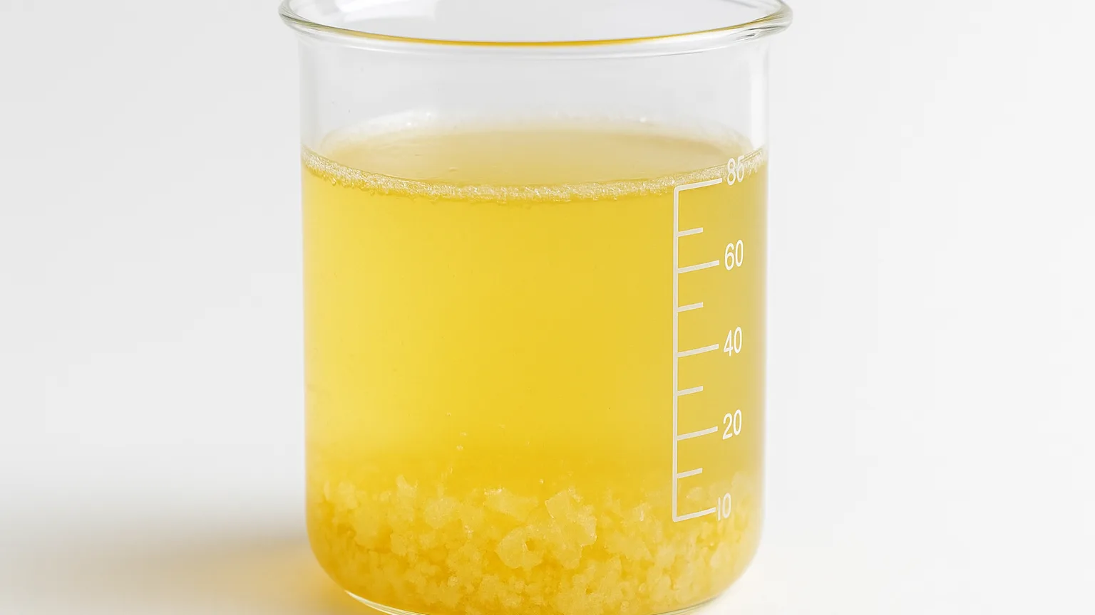 Close-up of urine sample in laboratory beaker showing crystal formation and sediment buildup against white background, with measurement markings visible.