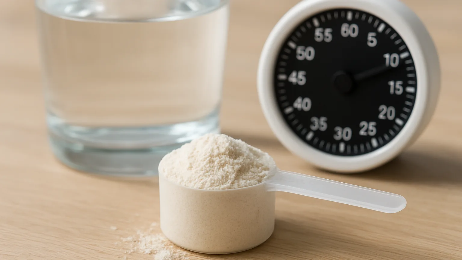 Close-up of a pre-workout powder scoop next to a glass of water and a timing clock, showing supplement ingredients and hydration setup before exercise.