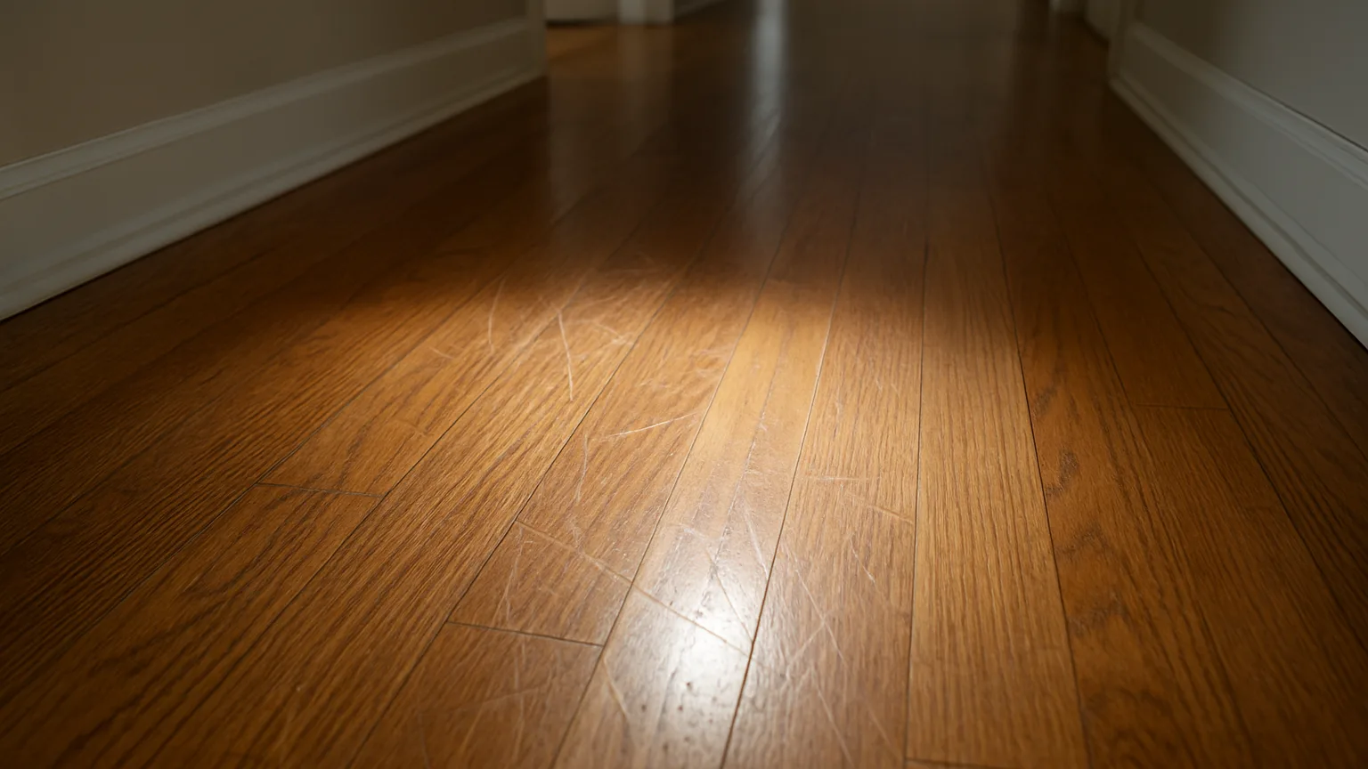 Empty hardwood hallway photographed with raking flashlight beam across the floor surface, revealing scratches and surface imperfections in sharp detail.