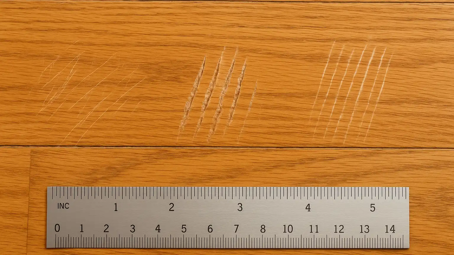 Close-up of hardwood floor showing three distinct scratch patterns side-by-side: shallow surface scratches, deeper gouges, and drag marks, with a measuring ruler for reference.