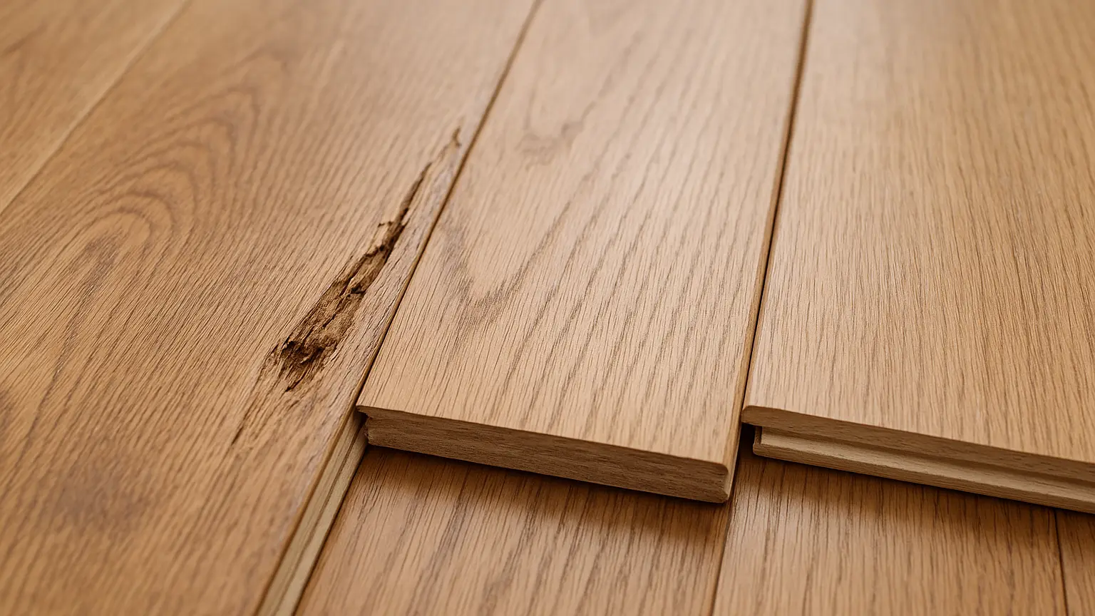 Close-up of a single damaged hardwood plank with a deep gouge next to an identical replacement board ready for installation on a rental unit floor.