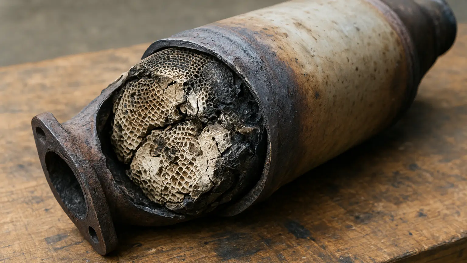 Close-up of a cracked and discolored catalytic converter removed from a vehicle, showing internal ceramic honeycomb damage and melted sections on a workbench.