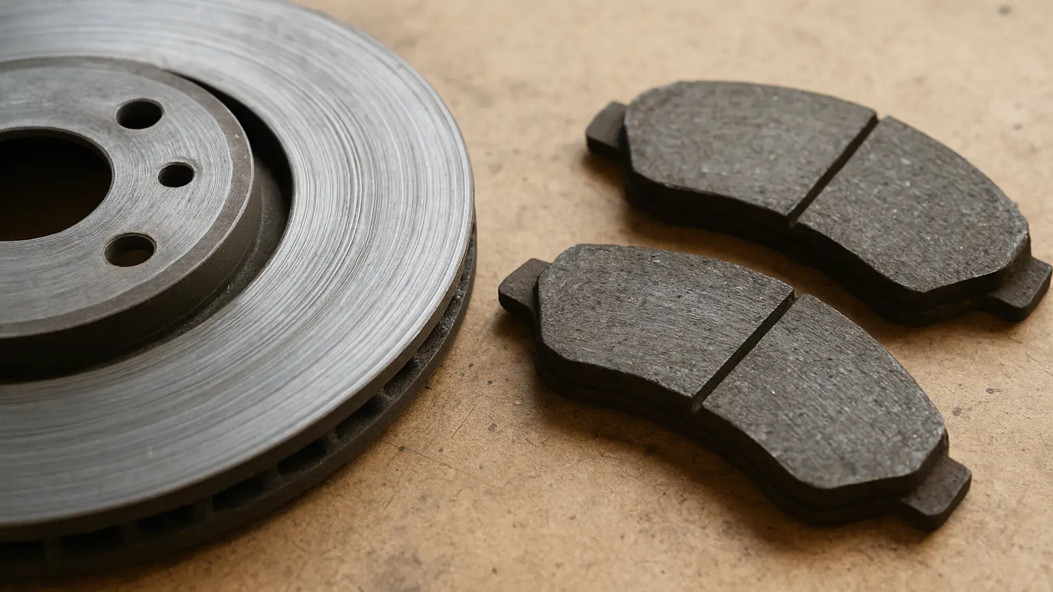 Close-up of a brake rotor with visible scoring grooves and worn brake pads beside it on a workbench.