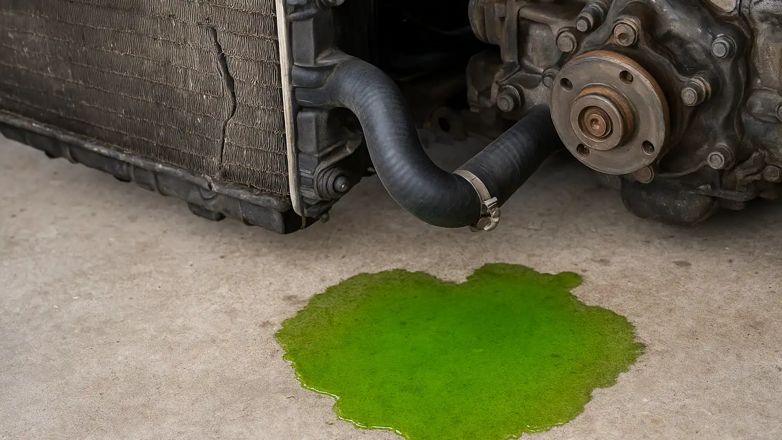 Open car hood showing coolant hose clamp, cracked radiator, and water pump with bright green coolant pooled beneath on concrete garage floor.