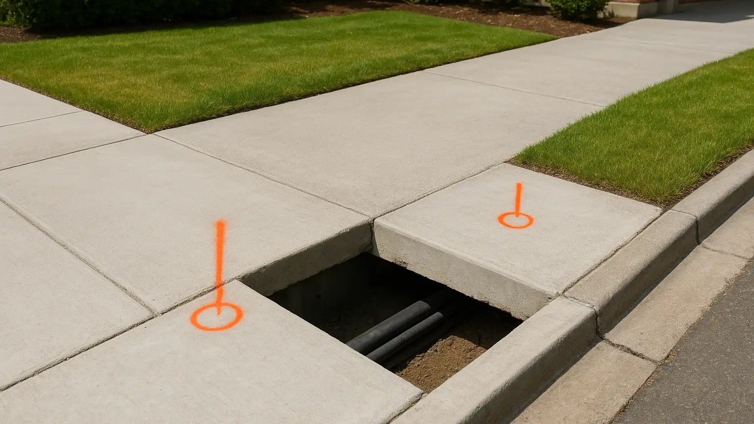 Residential driveway entrance with freshly cut curb, exposed conduit sleeves under concrete, and marked pedestal locations before gate installation begins.