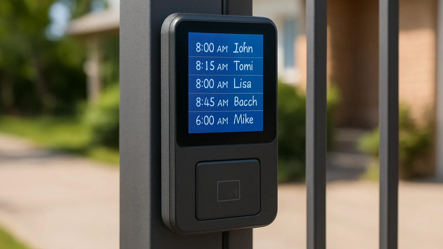 A badge reader mounted on a gate post with a digital display screen showing logged entry times and worker names in a list format.