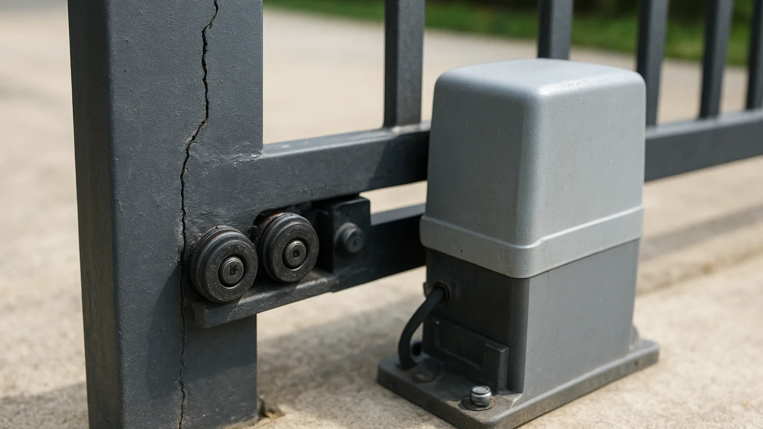 Close-up of an automated gate frame with visible structural cracks and misaligned rollers, motor installed and operational, no inspection tags visible.