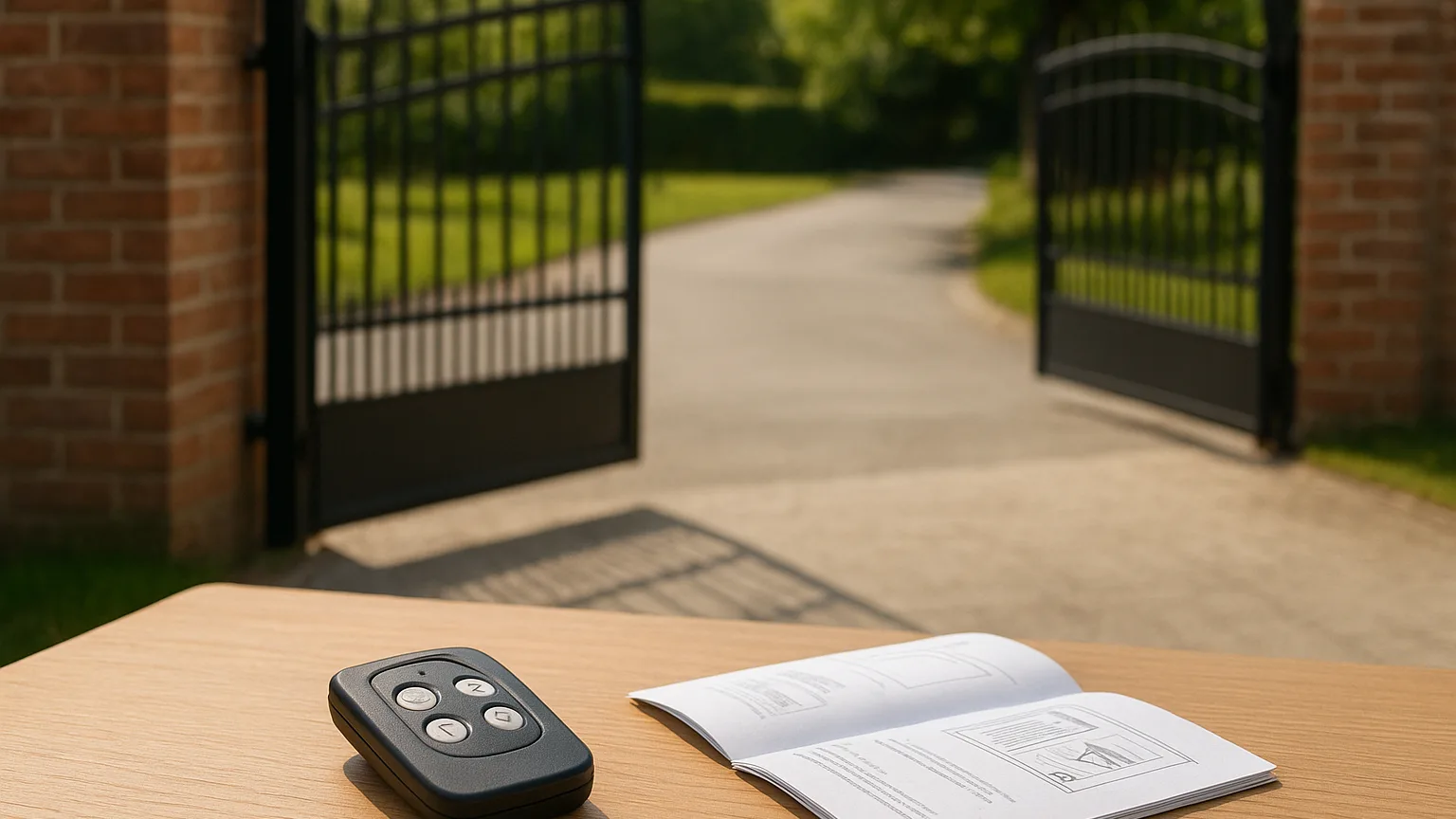 A residential gate standing open beside an empty driveway, with a remote control and instruction manual on a nearby surface, gate partially visible in soft focus.
