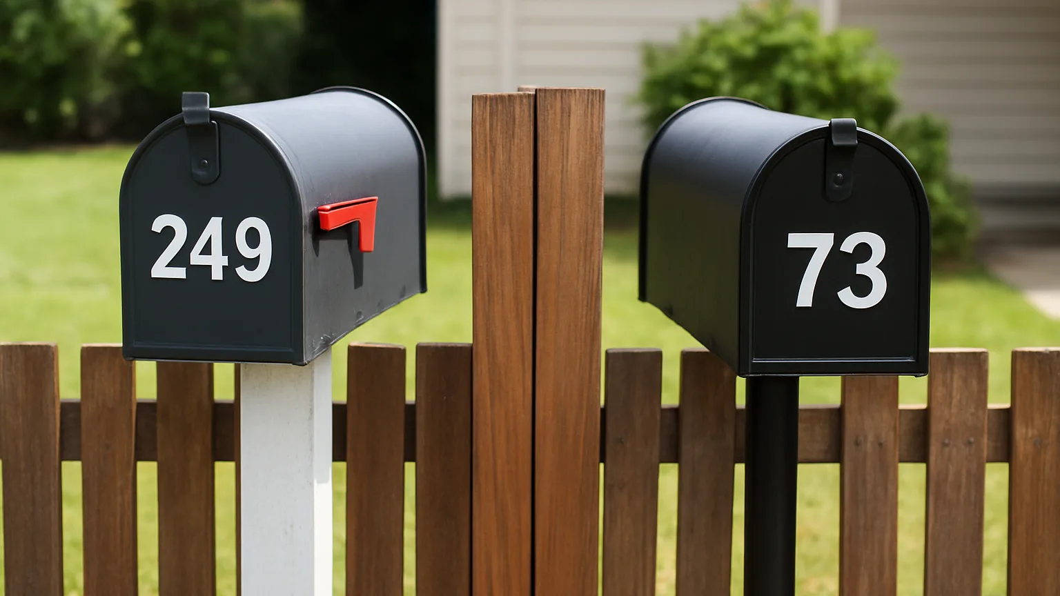 Two residential mailboxes mounted on adjacent properties, each with a different address number visible, separated by a property line or fence.