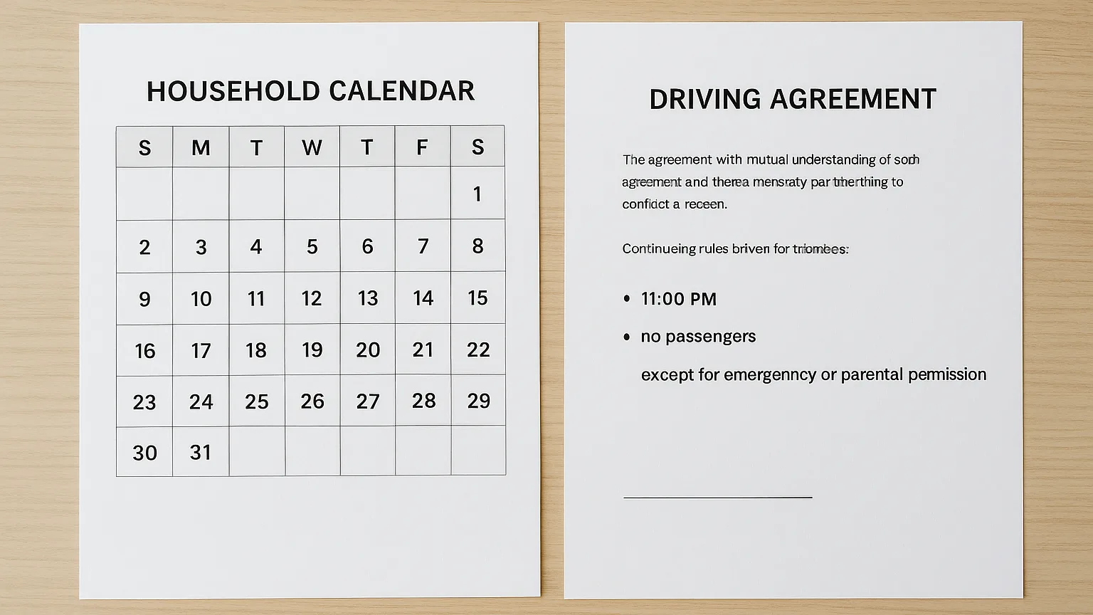 Two separate household calendars and driving agreement documents laid out side-by-side on a table, showing conflicting curfew times and passenger rules.