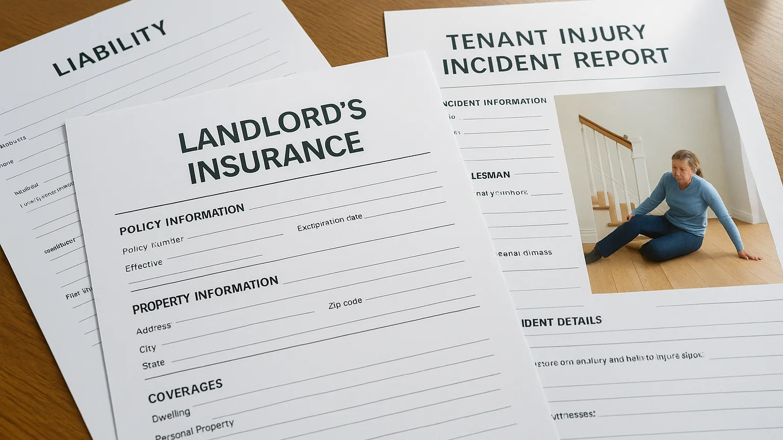 A landlord's insurance document and liability paperwork spread on a desk beside a photograph of a tenant injury incident report form.