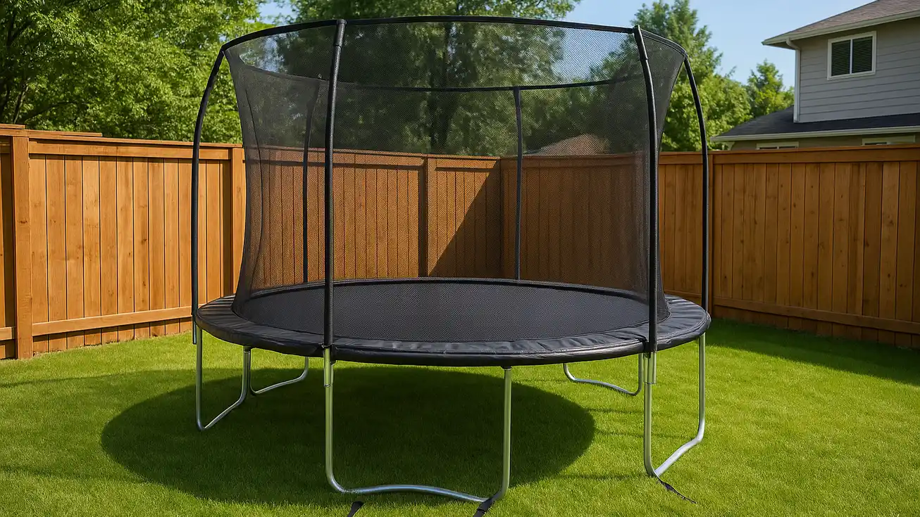 A residential backyard with a newly installed trampoline, safety net, and anchoring stakes visible on grass near a wooden fence.
