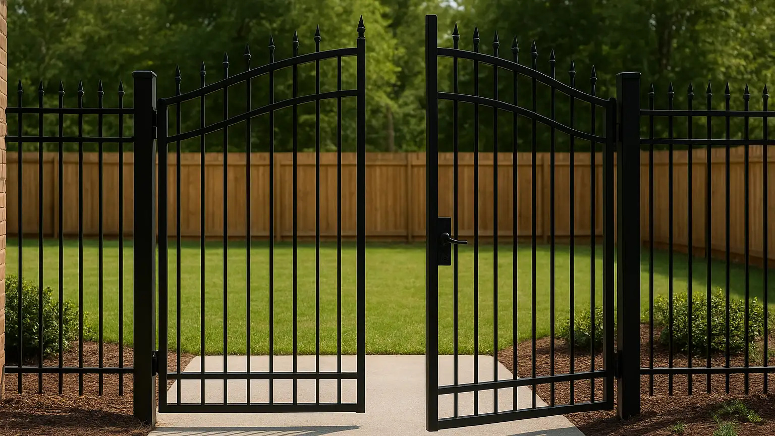 A residential property gate standing open with a fenced yard visible beyond, showing the boundary where liability questions arise.