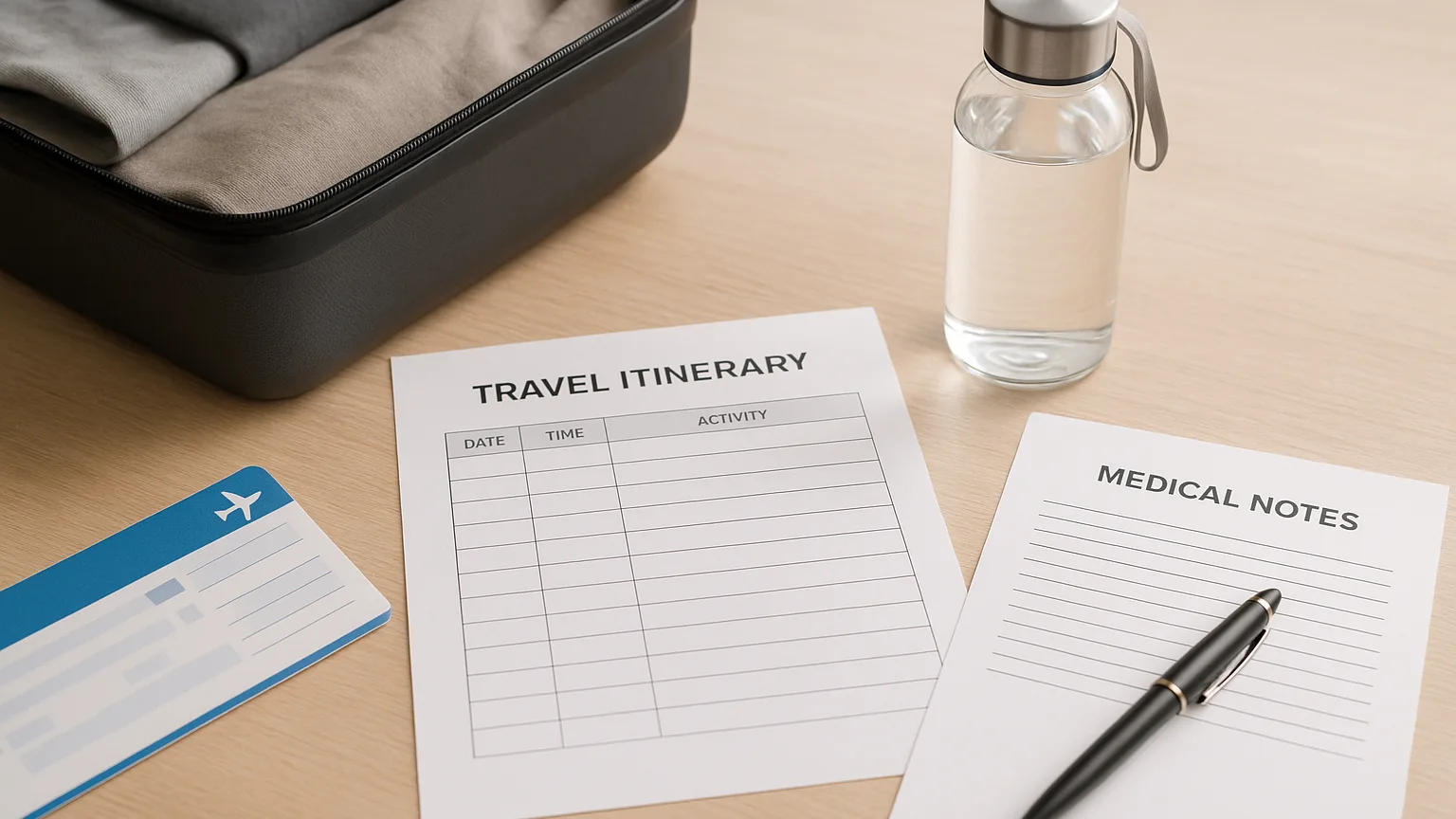 A travel itinerary, water bottle, and medical notes spread on a desk beside a packed suitcase and airplane ticket.