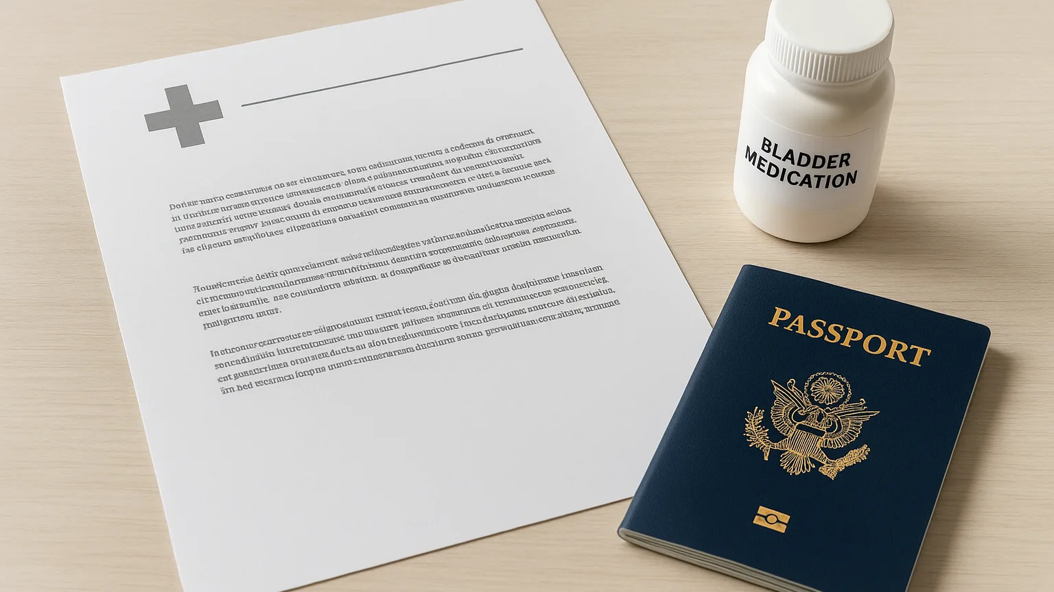 A physician's letter on clinic letterhead beside a bottle of bladder medication and a passport, arranged on a desk surface.