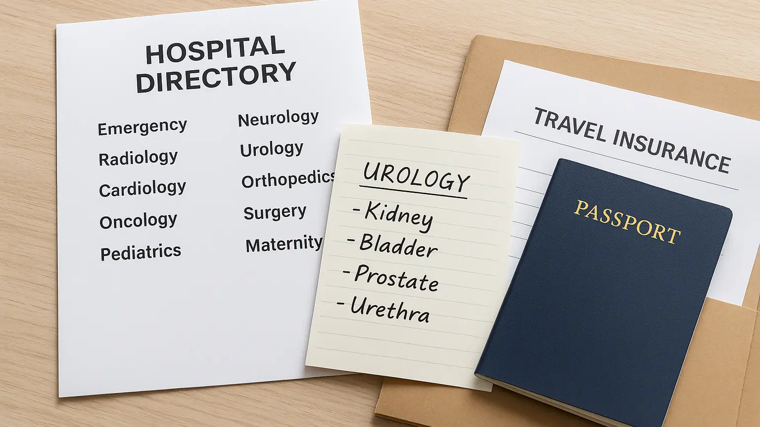 A desk with a printed hospital directory, handwritten notes about urology departments, passport, and travel insurance documents organized in a folder.